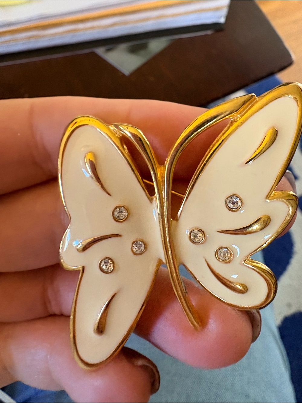 Gold-Tone Cream Enamel 1980s Butterfly Brooch with rhinestone Accents